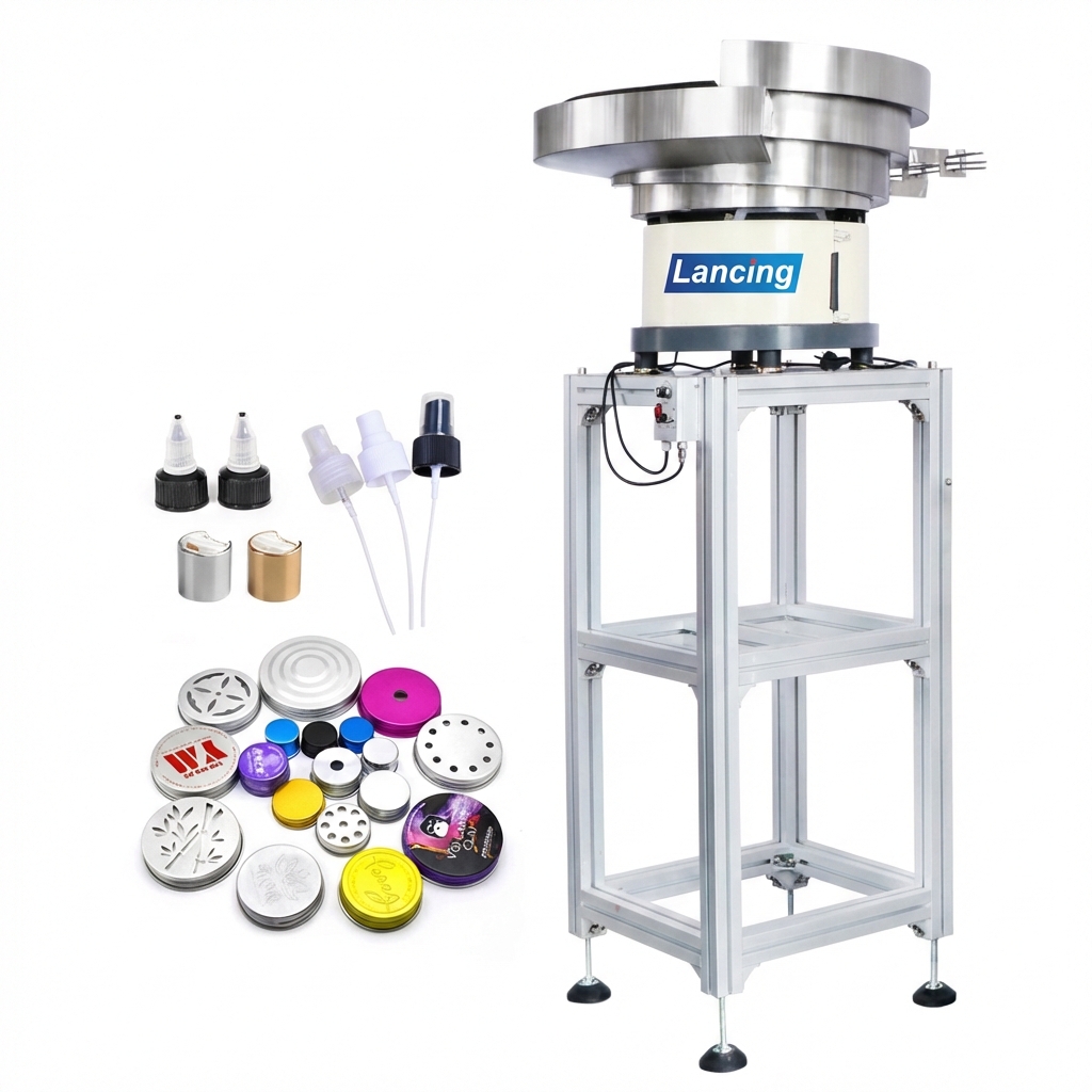 Vibratory bowl feeder for caps and pumps