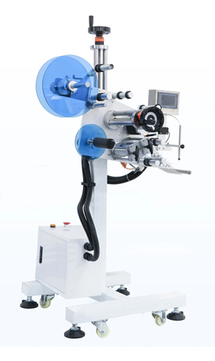 Top side label applicator head for flat products on conveyor